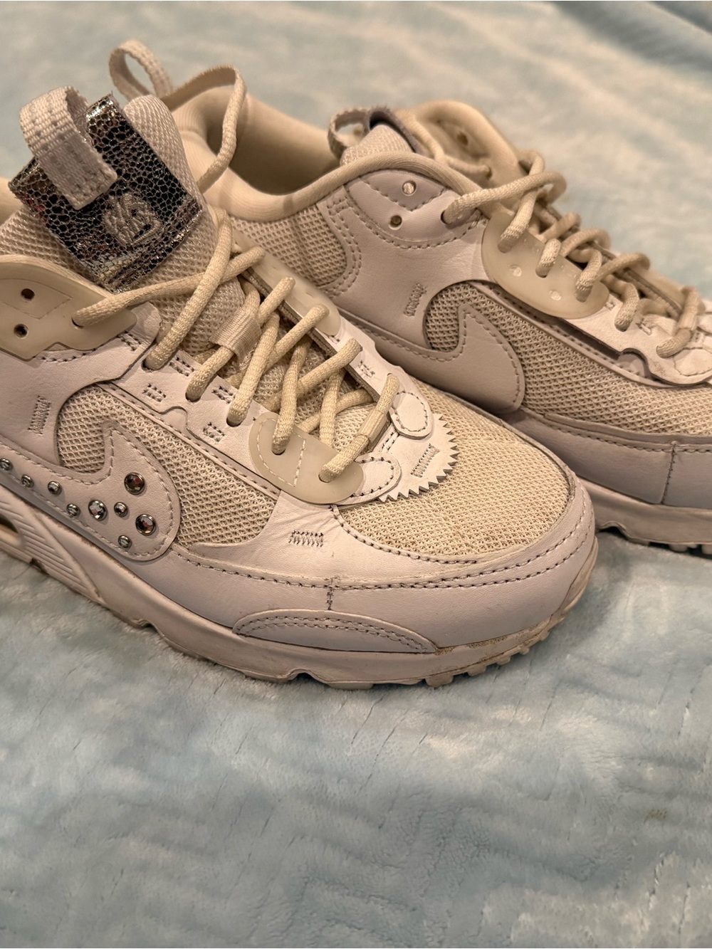 Nike Womens White Air Max Sneakers with Rhinestone Swoosh Accent